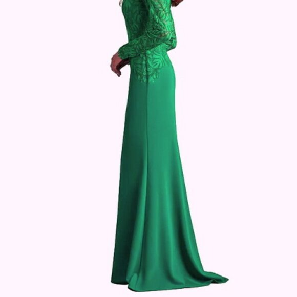 Tadashi Shoji Emerald Green Embroidered Long Sleeve Gown - Picture 5 of 5